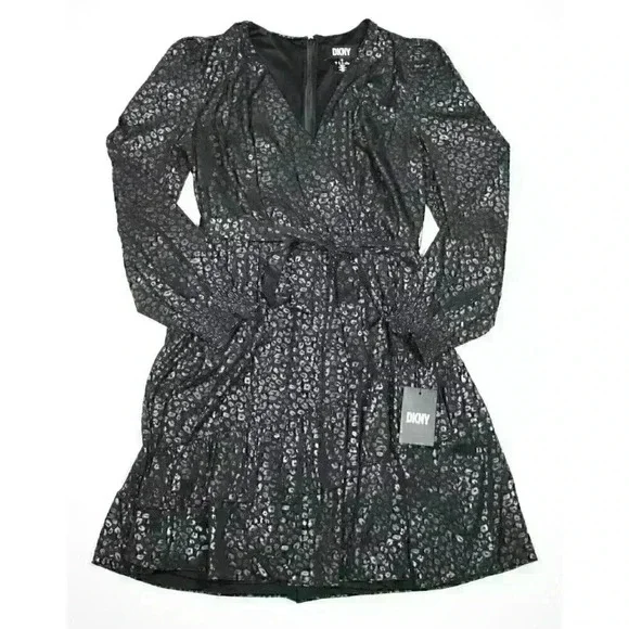 NEW! DKNY Women's 6 Long Sleeve V-Neck Ruffle Fit and Flare Dress NWT $134 - Picture 1 of 3